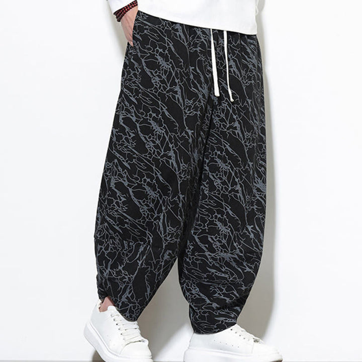 Pantalon harem homme en coton imprimé de lignes texturées avec motif de Buddha Stones et poches, longueur cheville, taille élastique - image 14