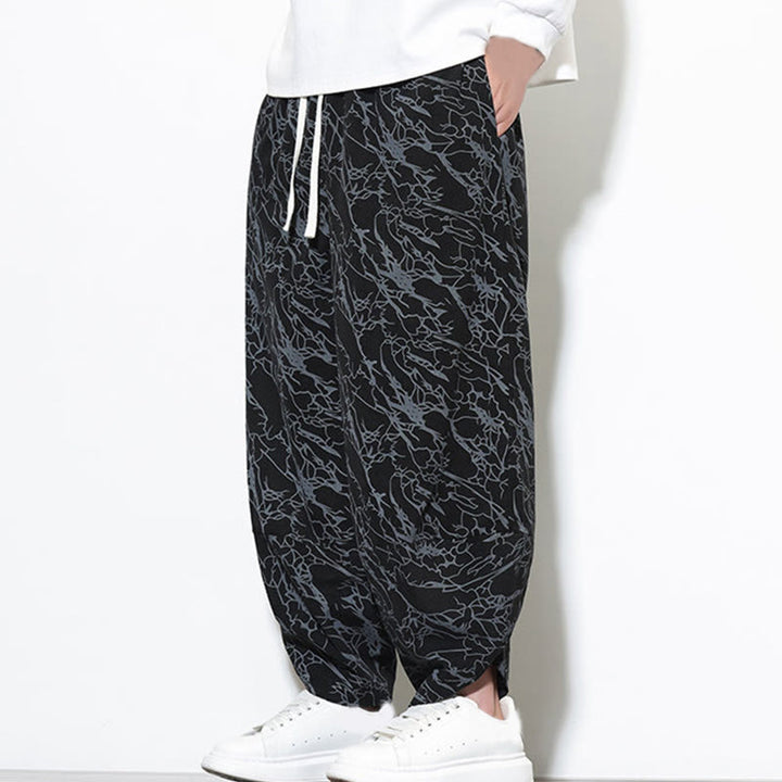 Pantalon harem homme en coton imprimé de lignes texturées avec motif de Buddha Stones et poches, longueur cheville, taille élastique - image 12