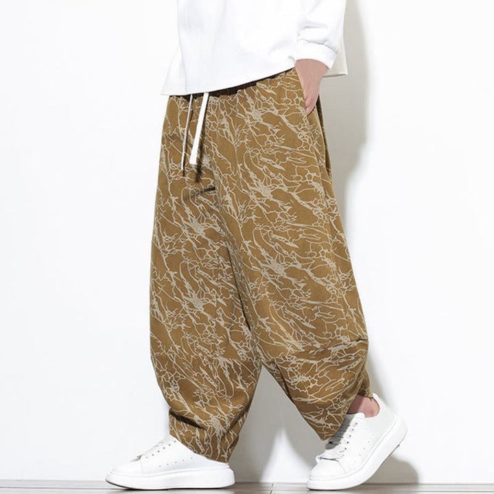Pantalon harem homme en coton imprimé de lignes texturées avec motif de Buddha Stones et poches, longueur cheville, taille élastique - image 17