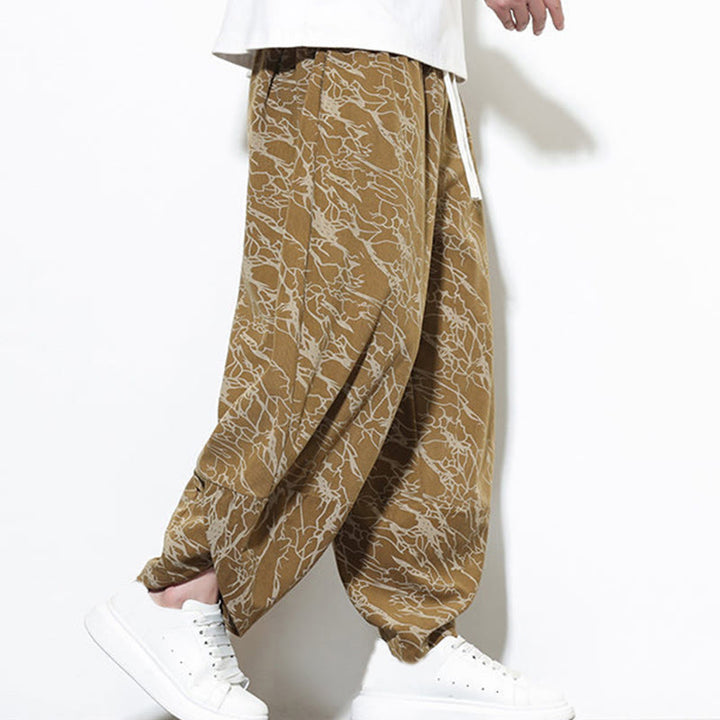 Pantalon harem homme en coton imprimé de lignes texturées avec motif de Buddha Stones et poches, longueur cheville, taille élastique - image 18