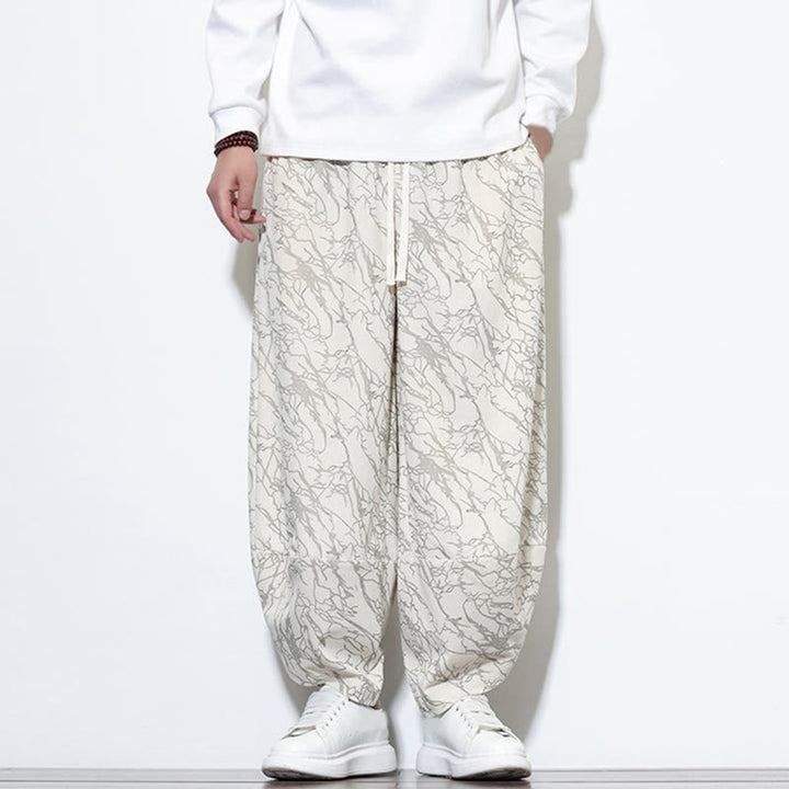 Pantalon harem homme en coton imprimé de lignes texturées avec motif de Buddha Stones et poches, longueur cheville, taille élastique - image 25