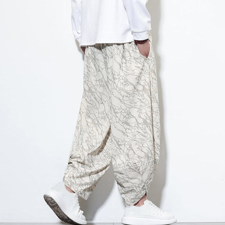 Pantalon harem homme en coton imprimé de lignes texturées avec motif de Buddha Stones et poches, longueur cheville, taille élastique - image 27