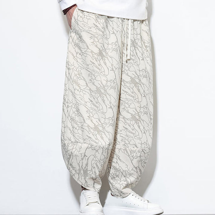 Pantalon harem homme en coton imprimé de lignes texturées avec motif de Buddha Stones et poches, longueur cheville, taille élastique - image 26
