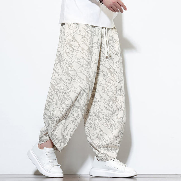 Pantalon harem homme en coton imprimé de lignes texturées avec motif de Buddha Stones et poches, longueur cheville, taille élastique - image 31