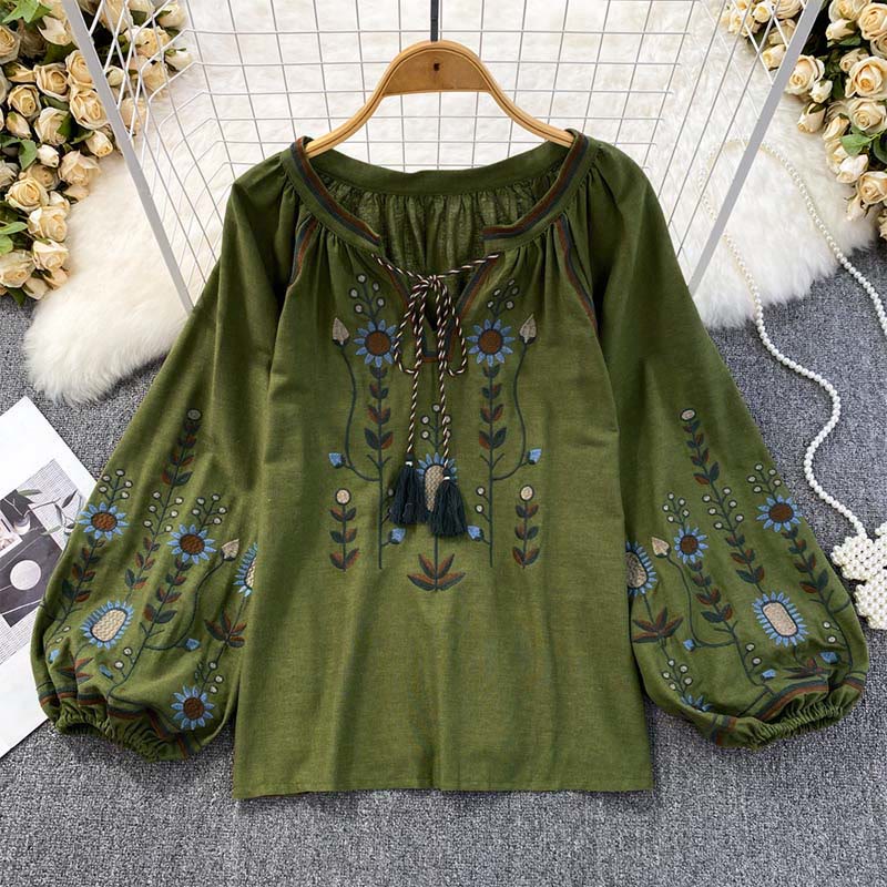 T-shirt à col rond pour femme en coton et lin avec broderie décontractée à motif de fleurs et de feuilles et Buddha Stones  - Vert foncé - US4-6，UK/AU8-10，EU36-38 (F) - image 0