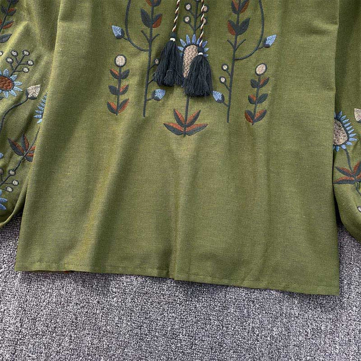 T-shirt à col rond pour femme en coton et lin avec broderie décontractée à motif de fleurs et de feuilles et Buddha Stones  - image 7