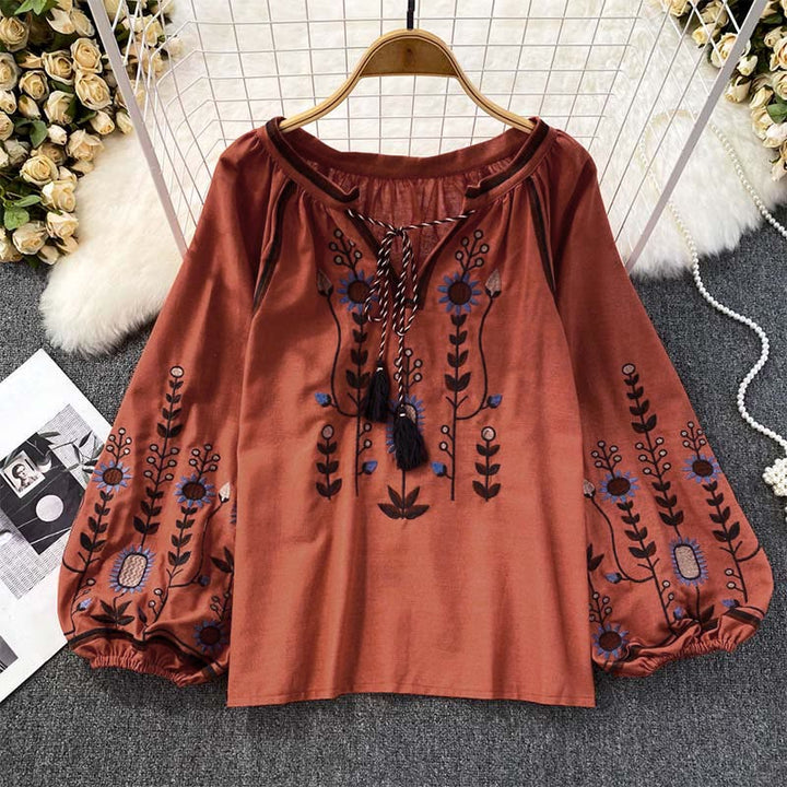 T-shirt à col rond pour femme en coton et lin avec broderie décontractée à motif de fleurs et de feuilles et Buddha Stones  - Tomate - US4-6，UK/AU8-10，EU36-38 (F) - image 17