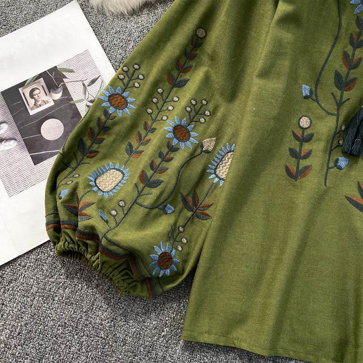 T-shirt à col rond pour femme en coton et lin avec broderie décontractée à motif de fleurs et de feuilles et Buddha Stones  - image 5