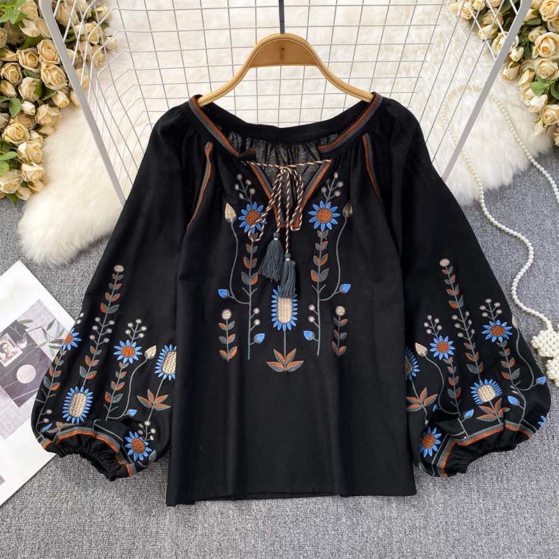 T-shirt à col rond pour femme en coton et lin avec broderie décontractée à motif de fleurs et de feuilles et Buddha Stones  - Noir - US4-6，UK/AU8-10，EU36-38 (F) - image 15