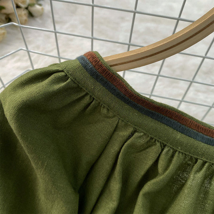 T-shirt à col rond pour femme en coton et lin avec broderie décontractée à motif de fleurs et de feuilles et Buddha Stones  - image 9