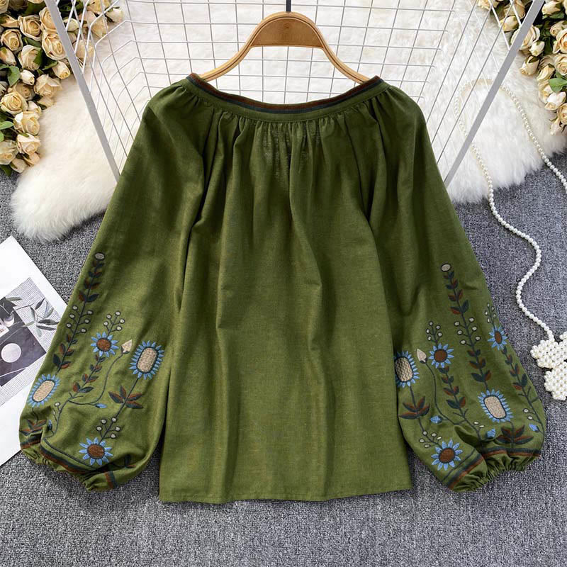 T-shirt à col rond pour femme en coton et lin avec broderie décontractée à motif de fleurs et de feuilles et Buddha Stones  - image 1