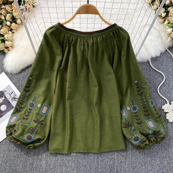 T-shirt à col rond pour femme en coton et lin avec broderie décontractée à motif de fleurs et de feuilles et Buddha Stones  - image 1