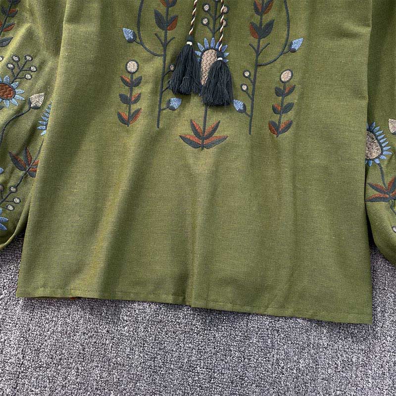 T-shirt à col rond pour femme en coton et lin avec broderie décontractée à motif de fleurs et de feuilles et Buddha Stones  - image 7