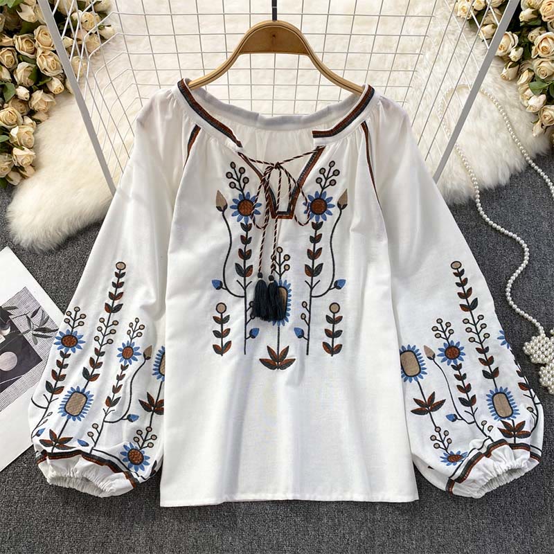 T-shirt à col rond pour femme en coton et lin avec broderie décontractée à motif de fleurs et de feuilles et Buddha Stones  - Blanc - US4-6，UK/AU8-10，EU36-38 (F) - image 11