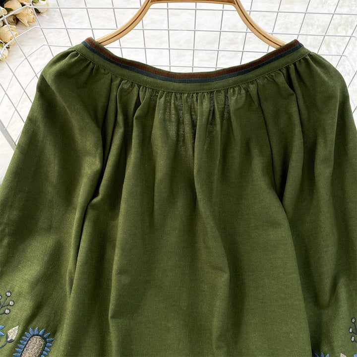 T-shirt à col rond pour femme en coton et lin avec broderie décontractée à motif de fleurs et de feuilles et Buddha Stones  - image 10