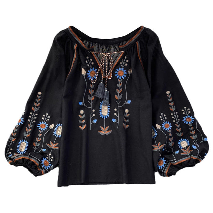T-shirt à col rond pour femme en coton et lin avec broderie décontractée à motif de fleurs et de feuilles et Buddha Stones  - image 16