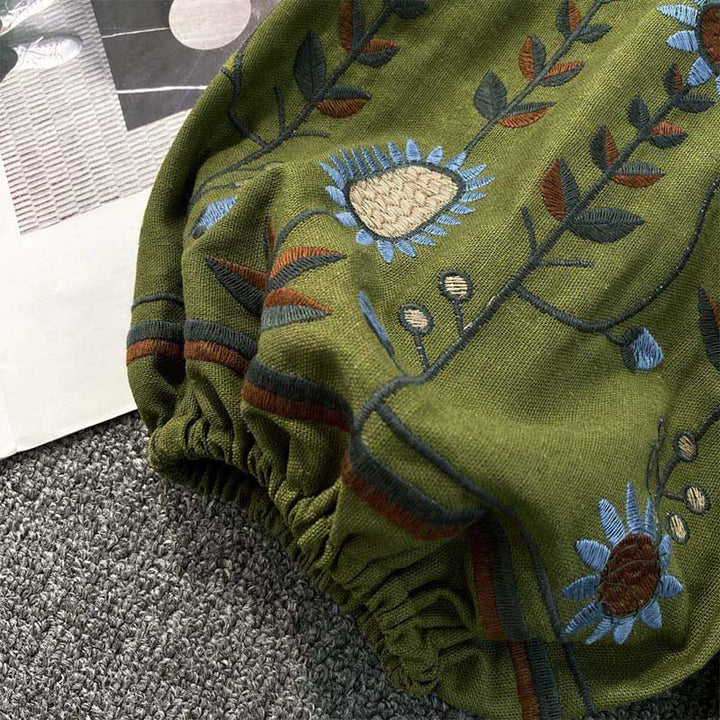 T-shirt à col rond pour femme en coton et lin avec broderie décontractée à motif de fleurs et de feuilles et Buddha Stones  - image 6