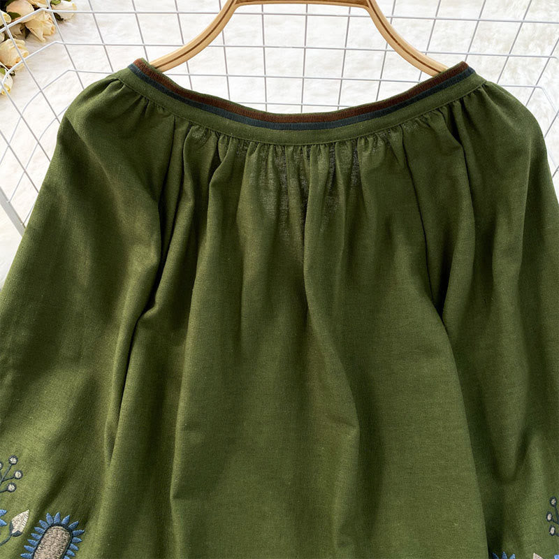 T-shirt à col rond pour femme en coton et lin avec broderie décontractée à motif de fleurs et de feuilles et Buddha Stones  - image 10