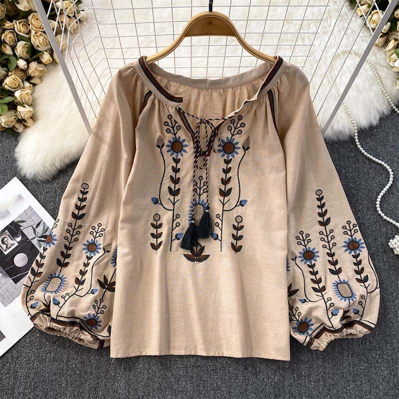 T-shirt à col rond pour femme en coton et lin avec broderie décontractée à motif de fleurs et de feuilles et Buddha Stones  - BurlyWood - US4-6，UK/AU8-10，EU36-38 (F) - image 21