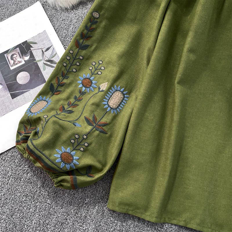 T-shirt à col rond pour femme en coton et lin avec broderie décontractée à motif de fleurs et de feuilles et Buddha Stones  - image 8