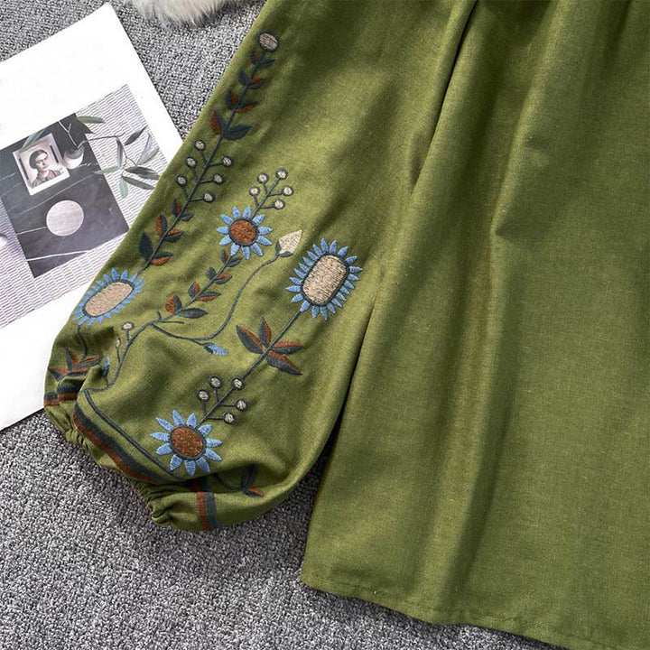 T-shirt à col rond pour femme en coton et lin avec broderie décontractée à motif de fleurs et de feuilles et Buddha Stones  - image 8