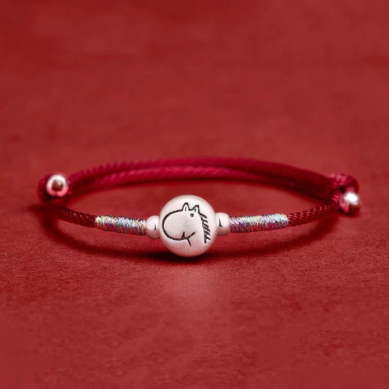 Bracelet porte-bonheur en argent sterling 999 et fil rouge, orné de Buddha Stones l'année du Cheval - Cordon rouge foncé pour cheval (Tour de poignet : 14-18 cm) - image 0
