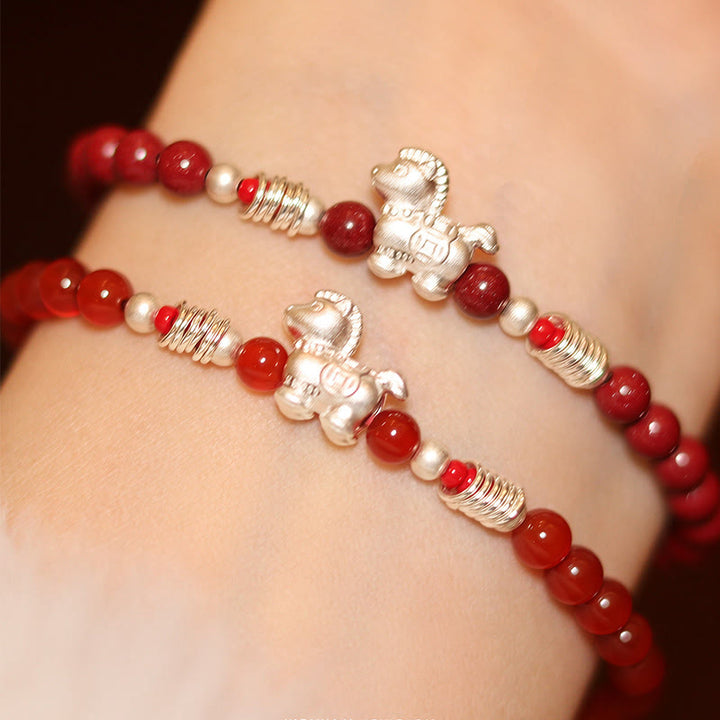 Bracelet en argent sterling 999 et cinabre, orné de Buddha Stones et symbole de l'année du Cheval, en agate rouge et cinabre, symbole de sérénité. - image 18
