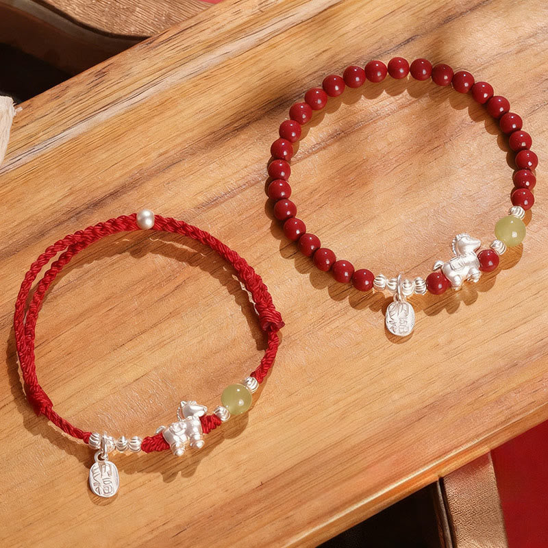 Bracelet de concentration en Buddha Stones, année du Cheval, cinabre, jade Hetian, argent sterling 999 et cordon rouge - Ensemble combiné (Tour de poignet : 14-15 cm) - image 0