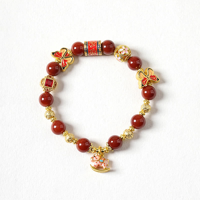 Bracelet de succès en agate rouge du Sud, pierre de soleil et tourmaline, orné de Buddha Stones l'année du Cheval. - Cheval en agate rouge du Sud (Tour de poignet : 14-15 cm) - image 0