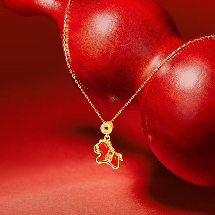 Pendentifs en argent sterling 925 et agate rouge, ornés d'une pièce de cuivre et de pierres de Buddha Stones de l'année du Cheval. - Cheval en argent sterling 925 et agate rouge - image 0