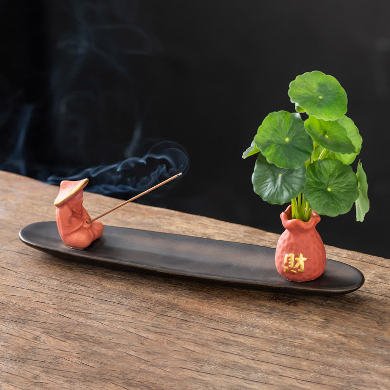 Brûleur d'encens décoratif pour la maison, Buddha Stones Pixiu, symbole de richesse - Pêcheur orange (25,7 x 7,5 x 5,8 cm) - image 0
