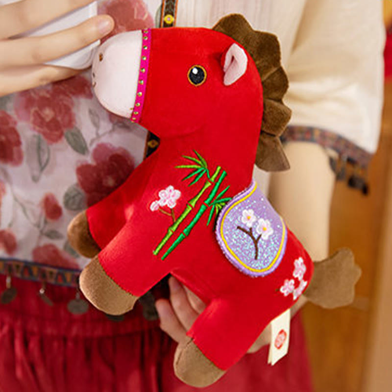 Buddha Stones Année du Cheval Poupée en peluche à motif de fleurs de prunier et de bambou, symbole de richesse et de prospérité - image 2