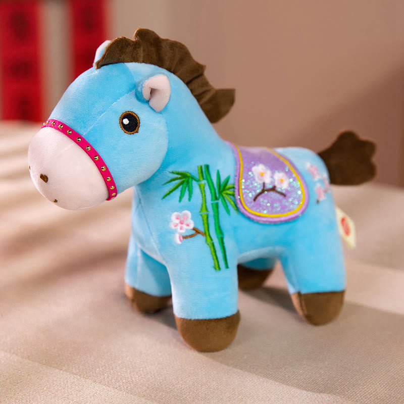 Buddha Stones Année du Cheval Poupée en peluche à motif de fleurs de prunier et de bambou, symbole de richesse et de prospérité - Bleu - 10*8*20cm - image 7