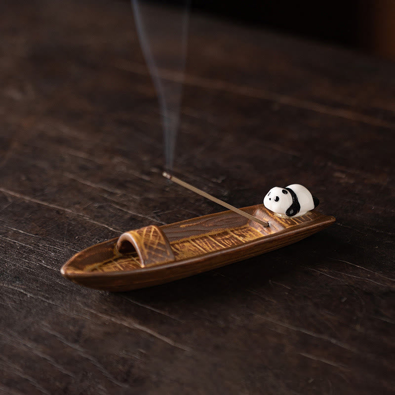 Brûleur d'encens décoratif pour la maison en forme de panda et de Buddha Stones - Bateau Panda (14,3 x 3,9 x 2,7 cm) - image 0