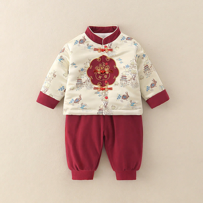 Ensemble de 2 pièces pour bébé garçon, motif lapin pêche et Buddha Stones , en coton, manches longues, pantalon à taille élastique et poches. - Beige - 2-3T - image 0