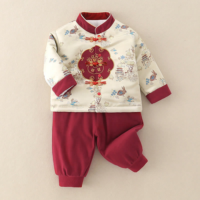 Ensemble de 2 pièces pour bébé garçon, motif lapin pêche et Buddha Stones , en coton, manches longues, pantalon à taille élastique et poches. - image 1