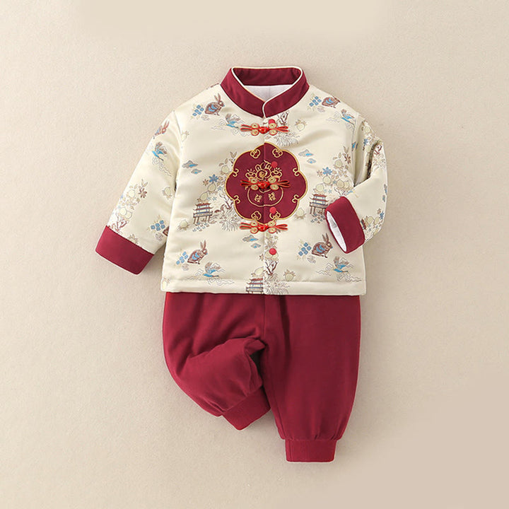 Ensemble de 2 pièces pour bébé garçon, motif lapin pêche et Buddha Stones , en coton, manches longues, pantalon à taille élastique et poches. - image 2