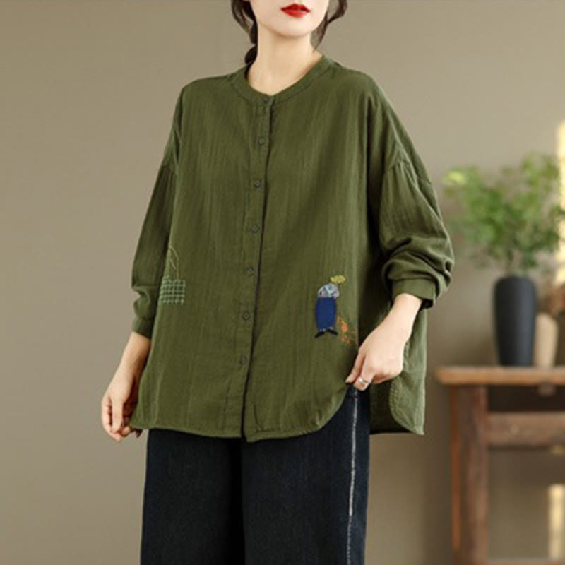 Chemise à manches longues pour femme, ornée de broderies de Buddha Stones, de figures humaines et de motifs de chiens, col rond et boutons. - image 23