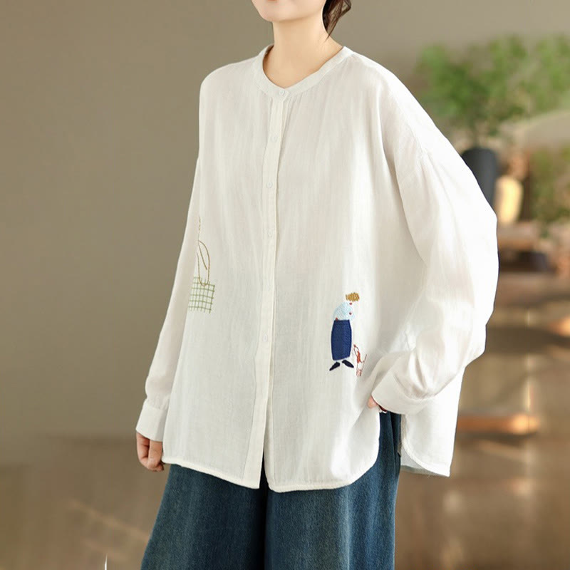Chemise à manches longues pour femme, ornée de broderies de Buddha Stones, de figures humaines et de motifs de chiens, col rond et boutons. - image 12