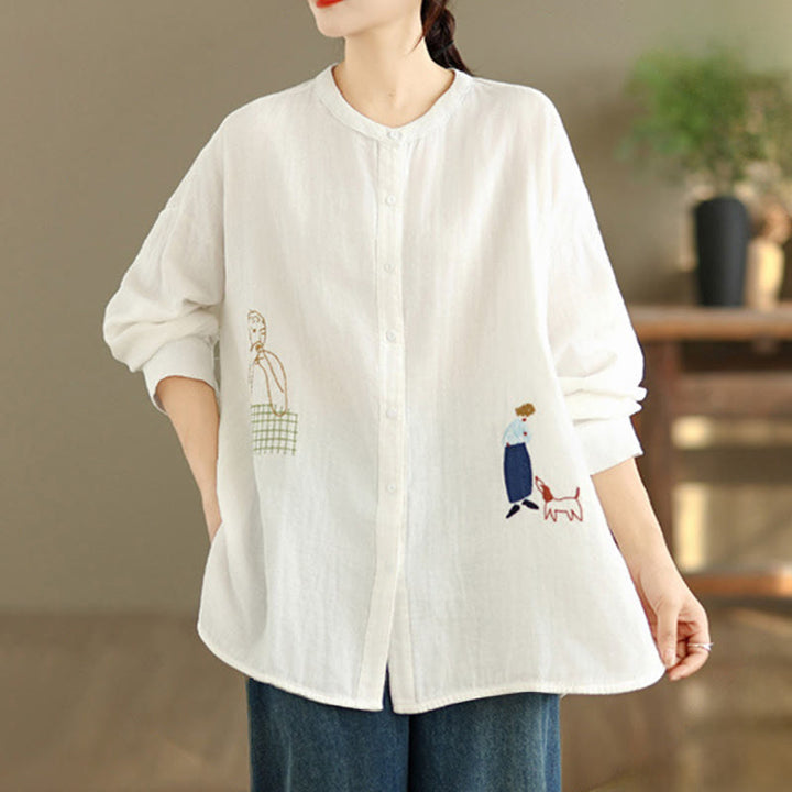 Chemise à manches longues pour femme, ornée de broderies de Buddha Stones, de figures humaines et de motifs de chiens, col rond et boutons. - image 8