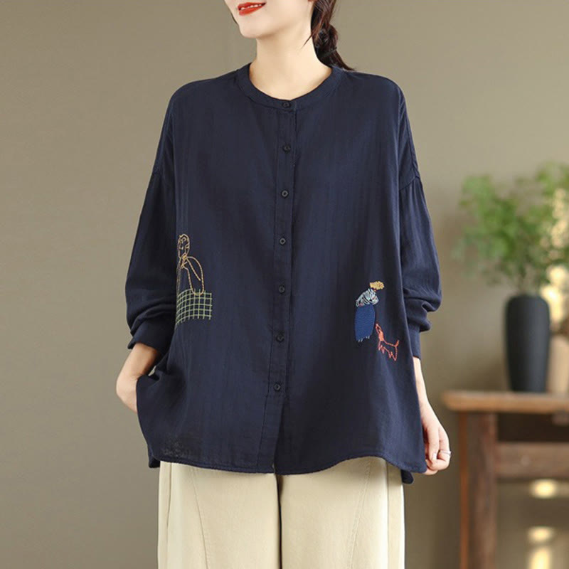 Chemise à manches longues pour femme, ornée de broderies de Buddha Stones, de figures humaines et de motifs de chiens, col rond et boutons. - image 3