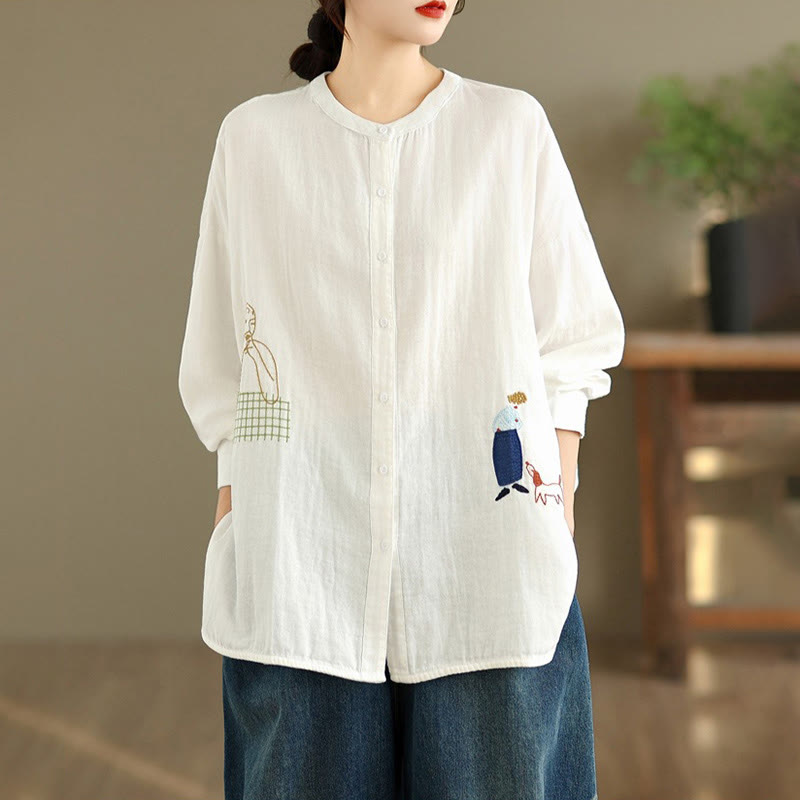 Chemise à manches longues pour femme, ornée de broderies de Buddha Stones, de figures humaines et de motifs de chiens, col rond et boutons. - image 11