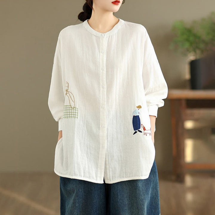 Chemise à manches longues pour femme, ornée de broderies de Buddha Stones, de figures humaines et de motifs de chiens, col rond et boutons. - image 11