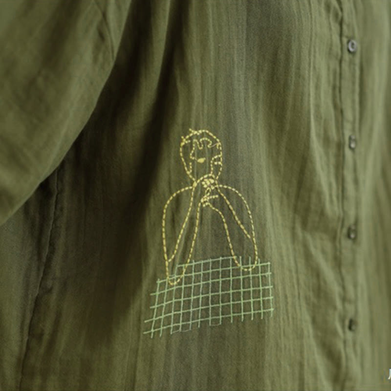 Chemise à manches longues pour femme, ornée de broderies de Buddha Stones, de figures humaines et de motifs de chiens, col rond et boutons. - image 31