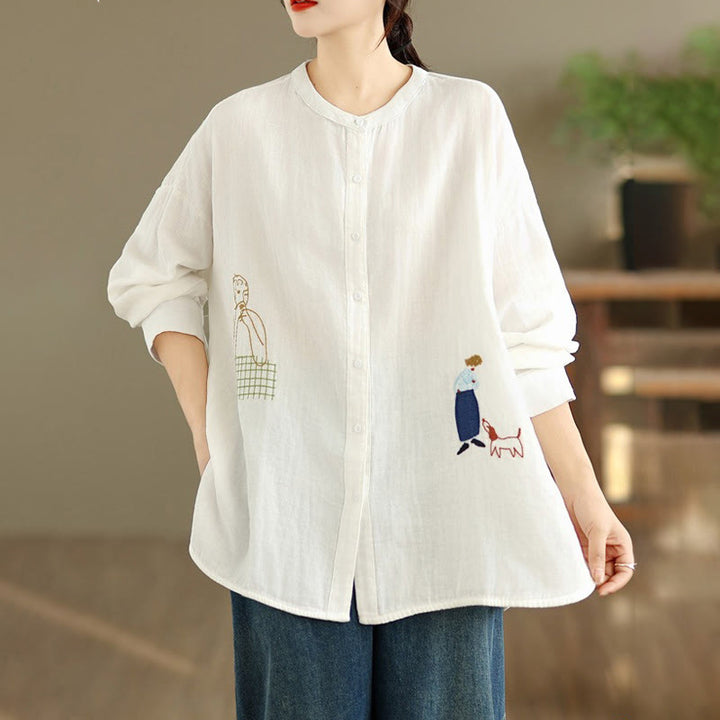 Chemise à manches longues pour femme, ornée de broderies de Buddha Stones, de figures humaines et de motifs de chiens, col rond et boutons. - image 15