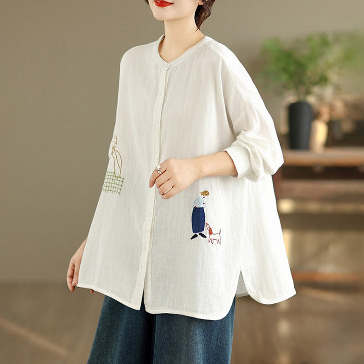 Chemise à manches longues pour femme, ornée de broderies de Buddha Stones, de figures humaines et de motifs de chiens, col rond et boutons. - image 13