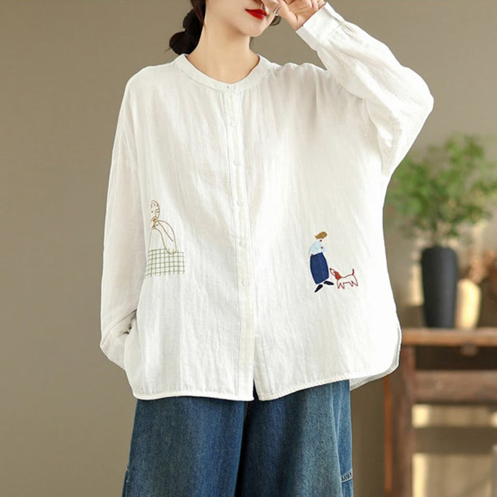 Chemise à manches longues pour femme, ornée de broderies de Buddha Stones, de figures humaines et de motifs de chiens, col rond et boutons. - image 9