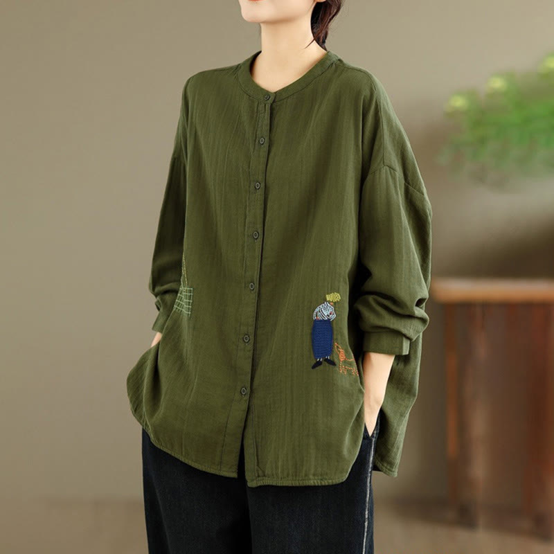 Chemise à manches longues pour femme, ornée de broderies de Buddha Stones, de figures humaines et de motifs de chiens, col rond et boutons. - image 22