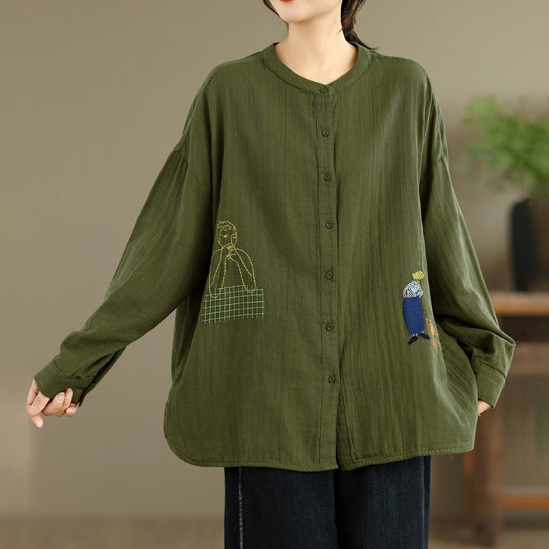 Chemise à manches longues pour femme, ornée de broderies de Buddha Stones, de figures humaines et de motifs de chiens, col rond et boutons. - image 24