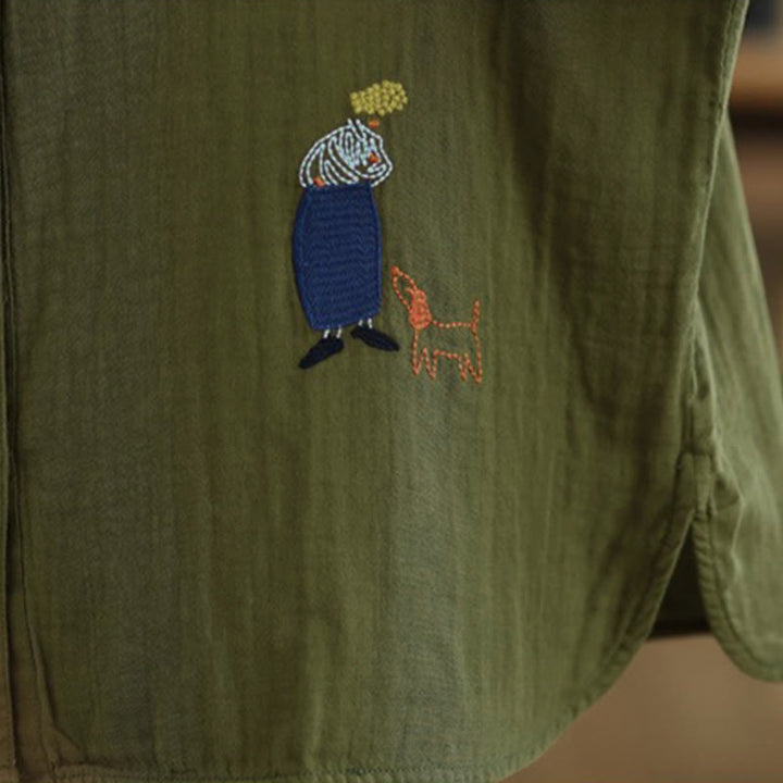 Chemise à manches longues pour femme, ornée de broderies de Buddha Stones, de figures humaines et de motifs de chiens, col rond et boutons. - image 30